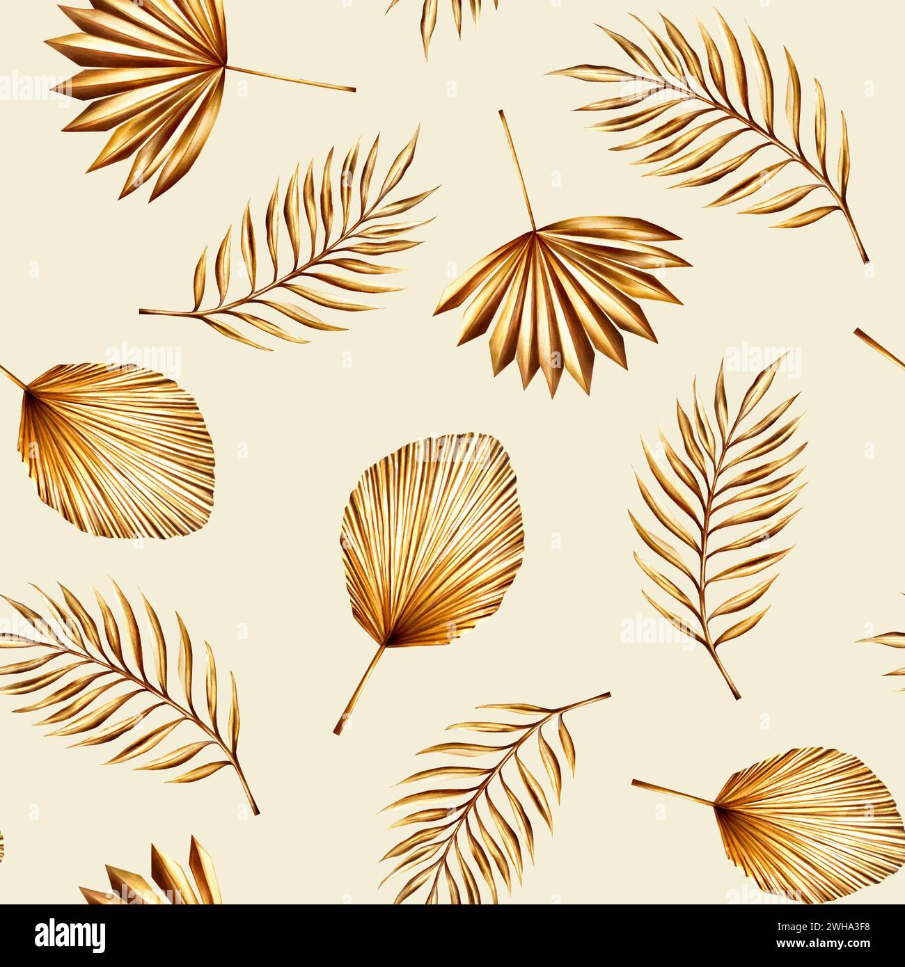 Watercolor seamless pattern with golden pampas grass, date palm branch illustration isolated on background. Botanical and wedding and Ramadan Kareem o Stock Photo
