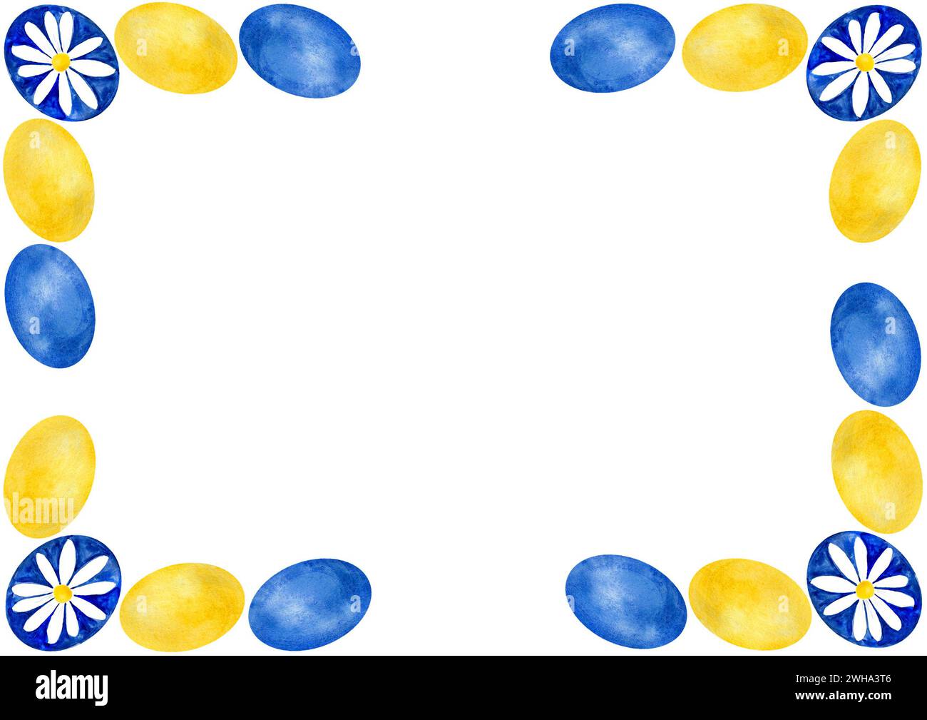 Frame of blue and yellow ovals. Dark blue ovals with daisy flowers in each corner. Daisy consists of white petals and yellow center. White background Stock Photo