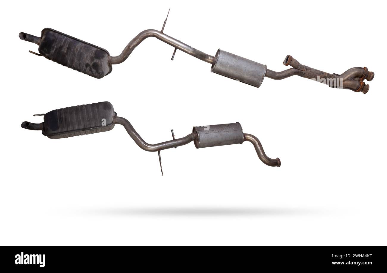 Car double exhaust system on a white isolated background with a muffler