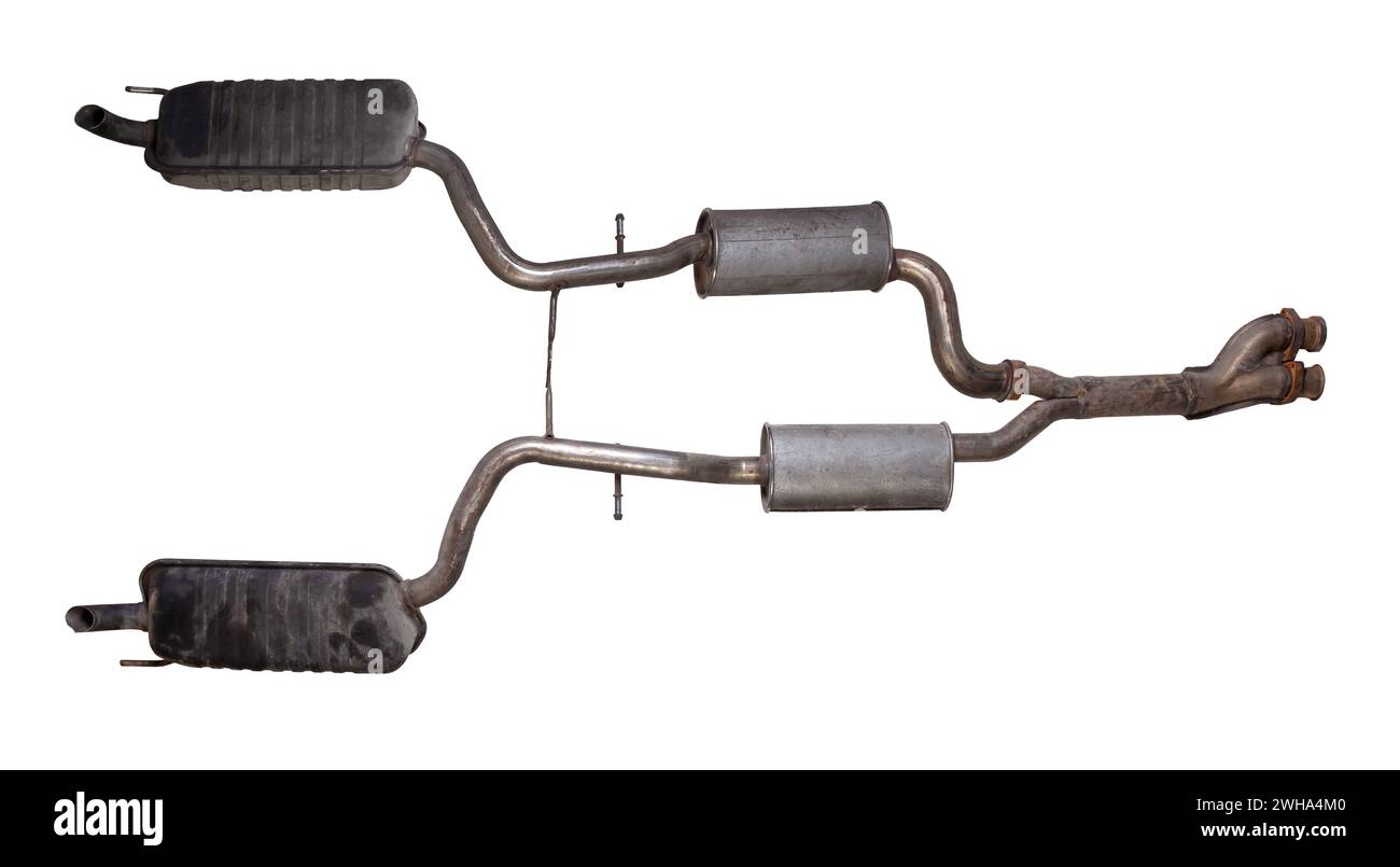 Car double exhaust system on a white isolated background with a muffler