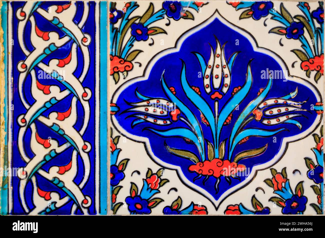 Ornate blue and red handmade Turkish Iznik mosaic tiles with floral ...