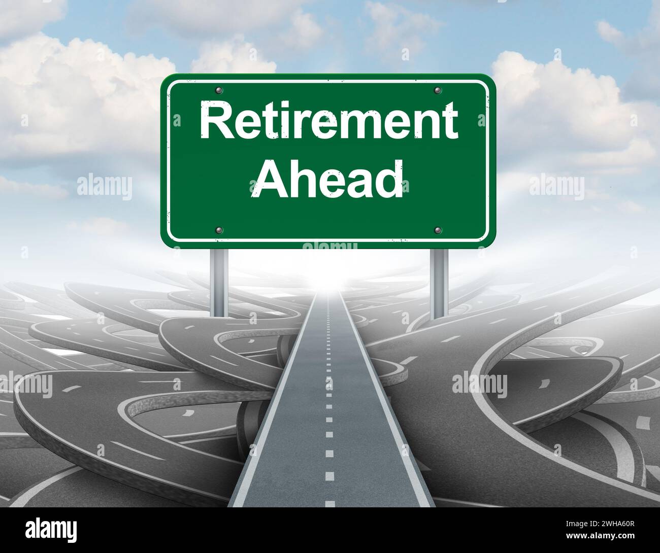 Retirement ahead and estate planning financial independence as a pension and social security path as a road sign showing a clear pathway to economic Stock Photo