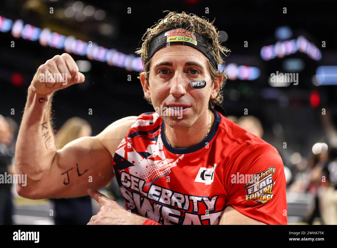 Henderson, NV, USA. 08th Feb, 2024. Sport Agent Sean Stellato flex flexing for the camera during the 24th annual Celebrity Flag Football Challenge at the Dollar Loan Center in Henderson, NV. Christopher Trim/CSM/Alamy Live News Stock Photo