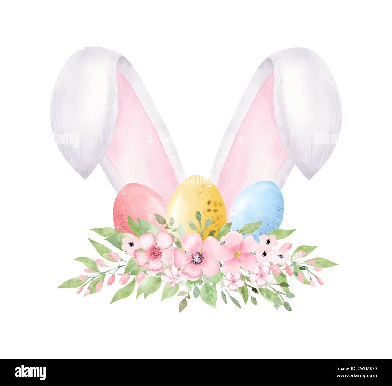 Watercolor Easter Bunny ears with flowers and eggs isolated on white ...