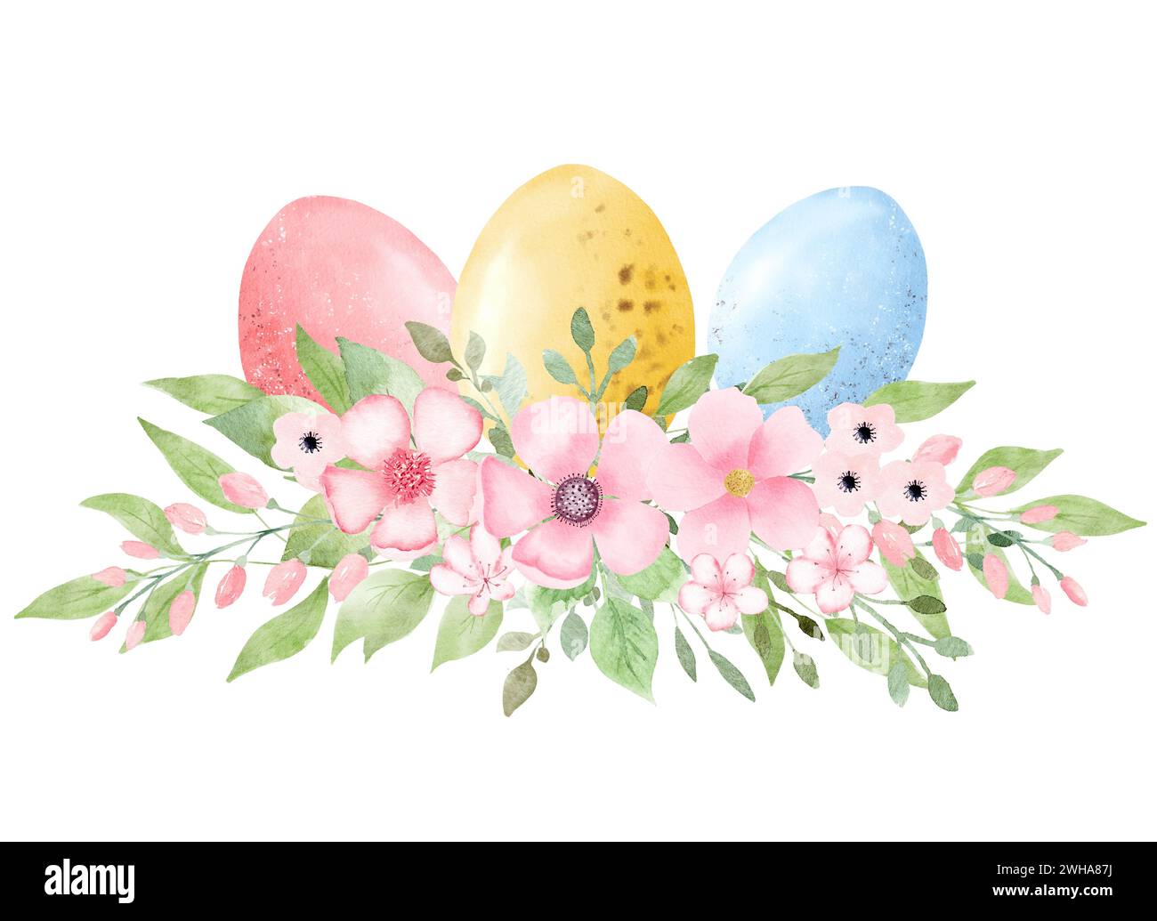 Set of watercolor Easter eggs with pink flowers isolated on white ...