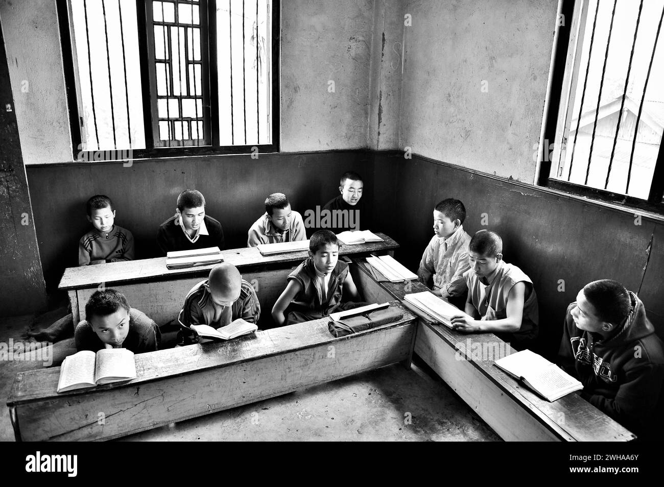 Buddhist children studying, Pemayangtsi Monastery School, Pemayangtse, Pelling, Sikkim, India, Asia Stock Photo