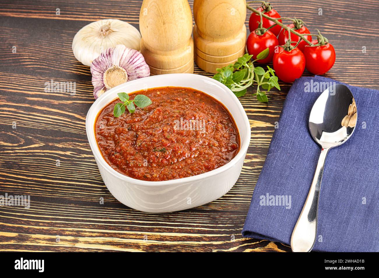 Spanish traditional gazpacho tomato soup served basil Stock Photo - Alamy