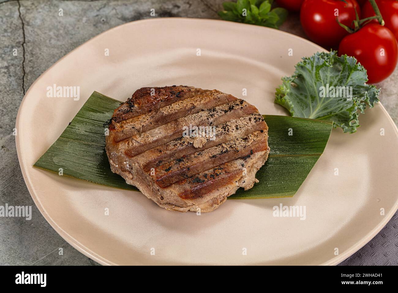 Grilled tuna medallion in the plate with spices Stock Photo Alamy