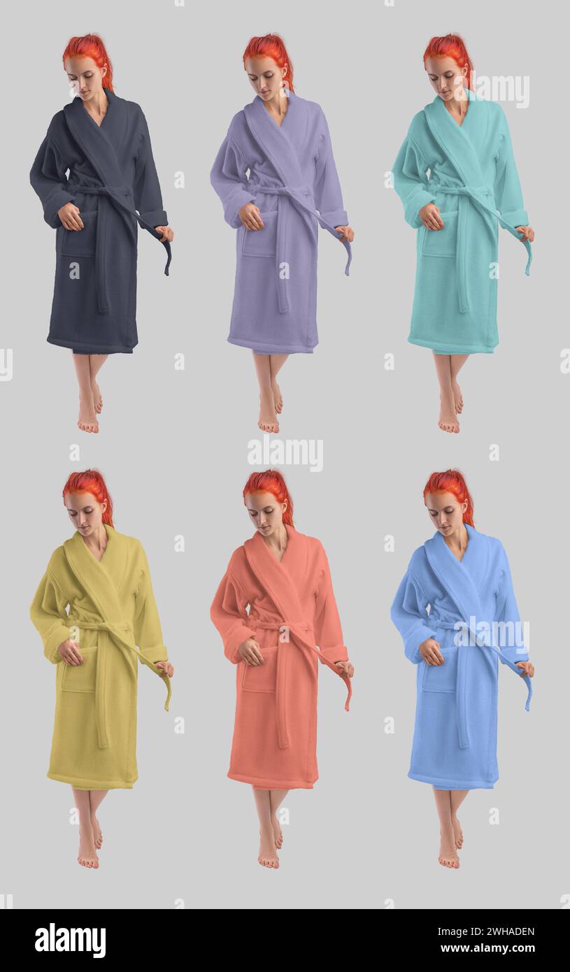 Mockup of colored terry bathrobe on a full-length red-haired girl, front view, robe with belt. Set of warm home clothes on a woman isolated on the bac Stock Photo