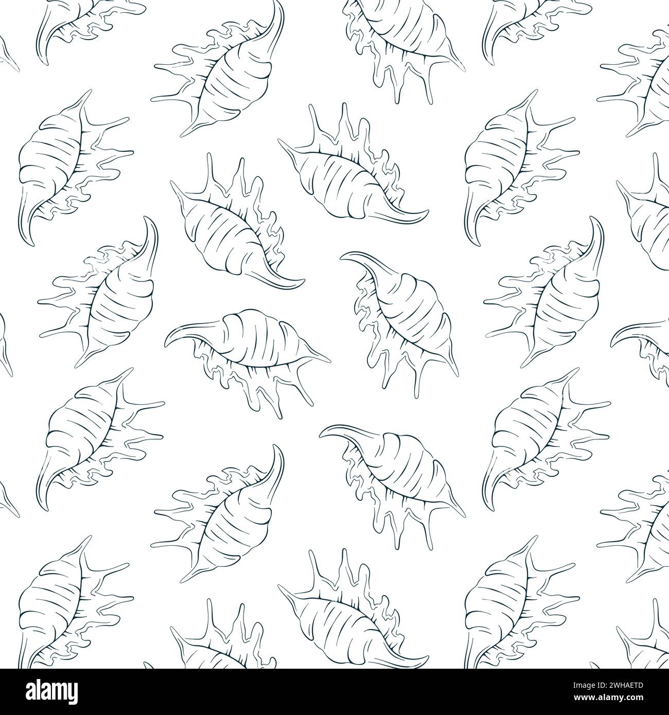Line art seamless pattern with seashells. Hand drawn undersea style ...
