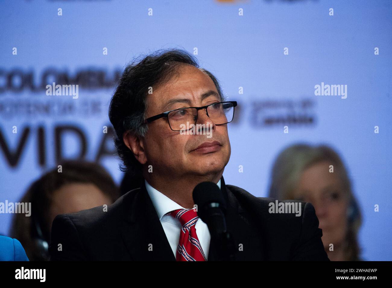 Colombian president Gustavo Petro speaks during a press conference, after a meeting with the United Nations Security Council regarding the advancement Stock Photo