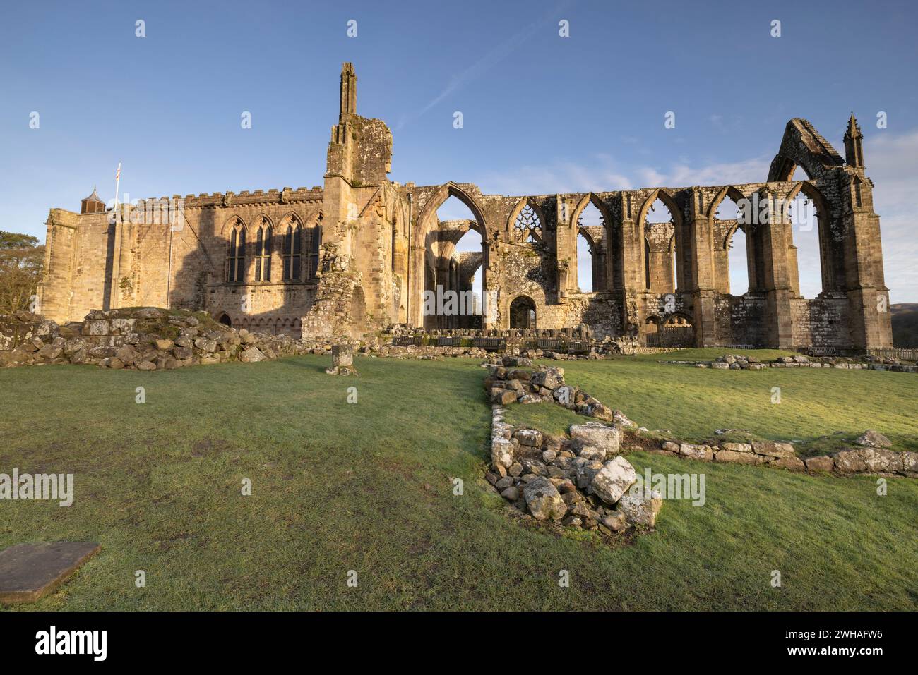 The ruins of Bolton Abbey, a popular tourist location in the Yorkshire Dales, UK Stock Photo