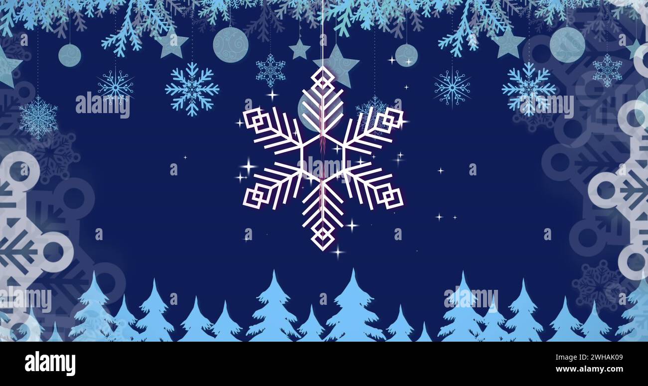 Image of snowflake christmas decorations on blue background Stock Photo