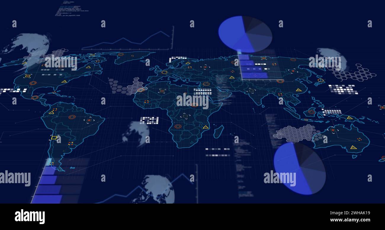 Image of statistics and data processing over world map Stock Photo - Alamy