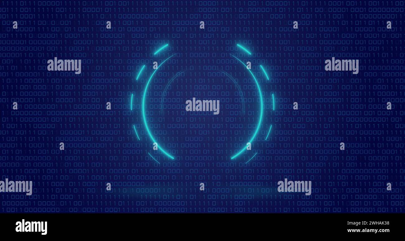 Image of neon circle over digital screen with binary code Stock Photo