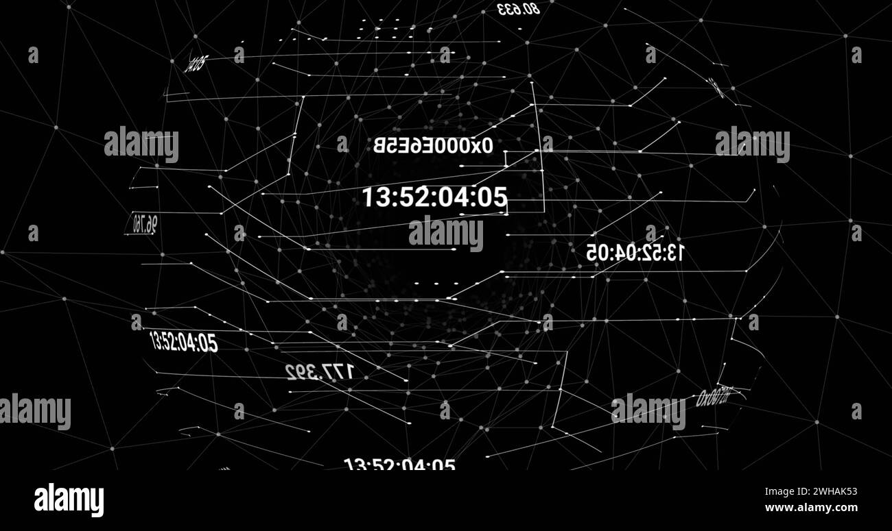 Image of globe with coordinates over digital space with connections Stock Photo