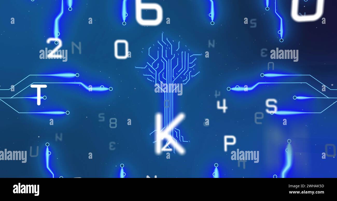 Image of integrated circuit over numbers and letters on digital screen ...