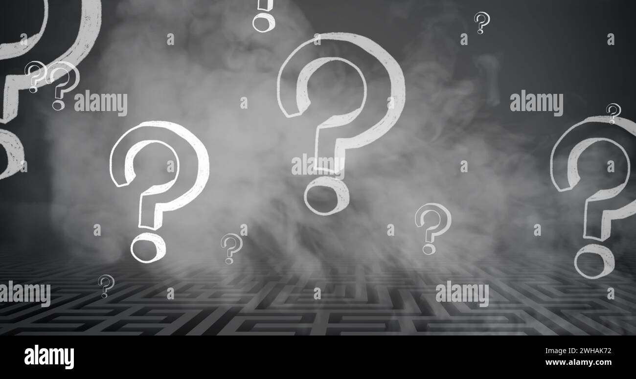 Image of smoke and white question marks floating over grey maze Stock ...