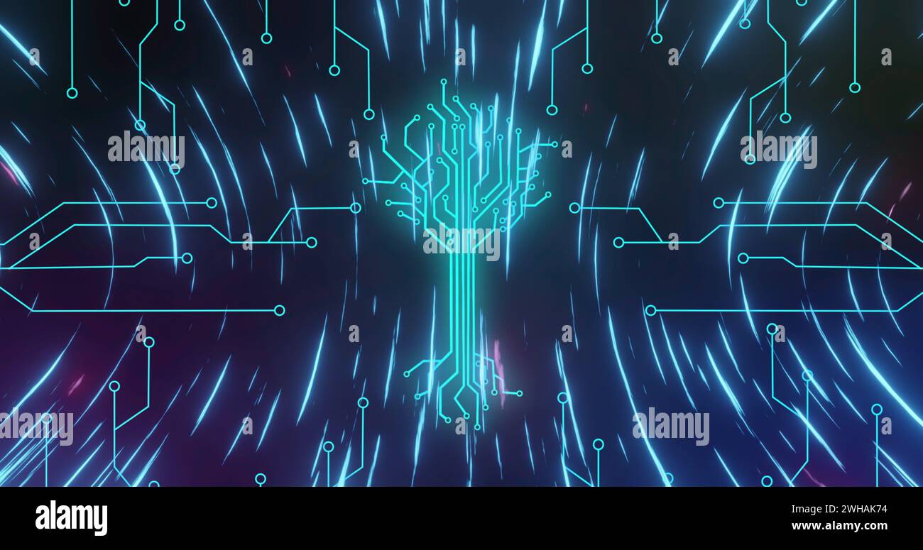 Image of integrated circuit over lights in black digital space Stock Photo