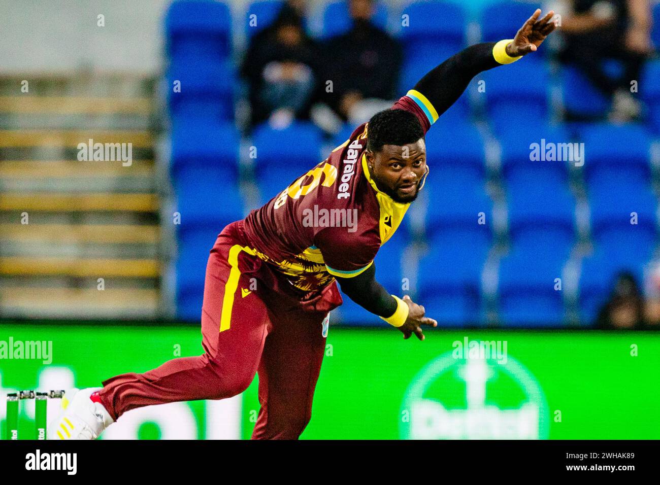 Hobart, Australia. 09th Feb, 2024. Romario Shepherd bowling for the