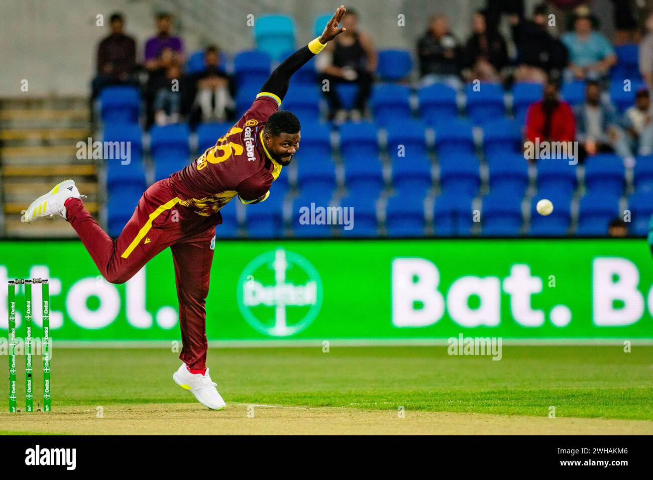 Hobart, Australia. 09th Feb, 2024. Romario Shepherd bowling for the