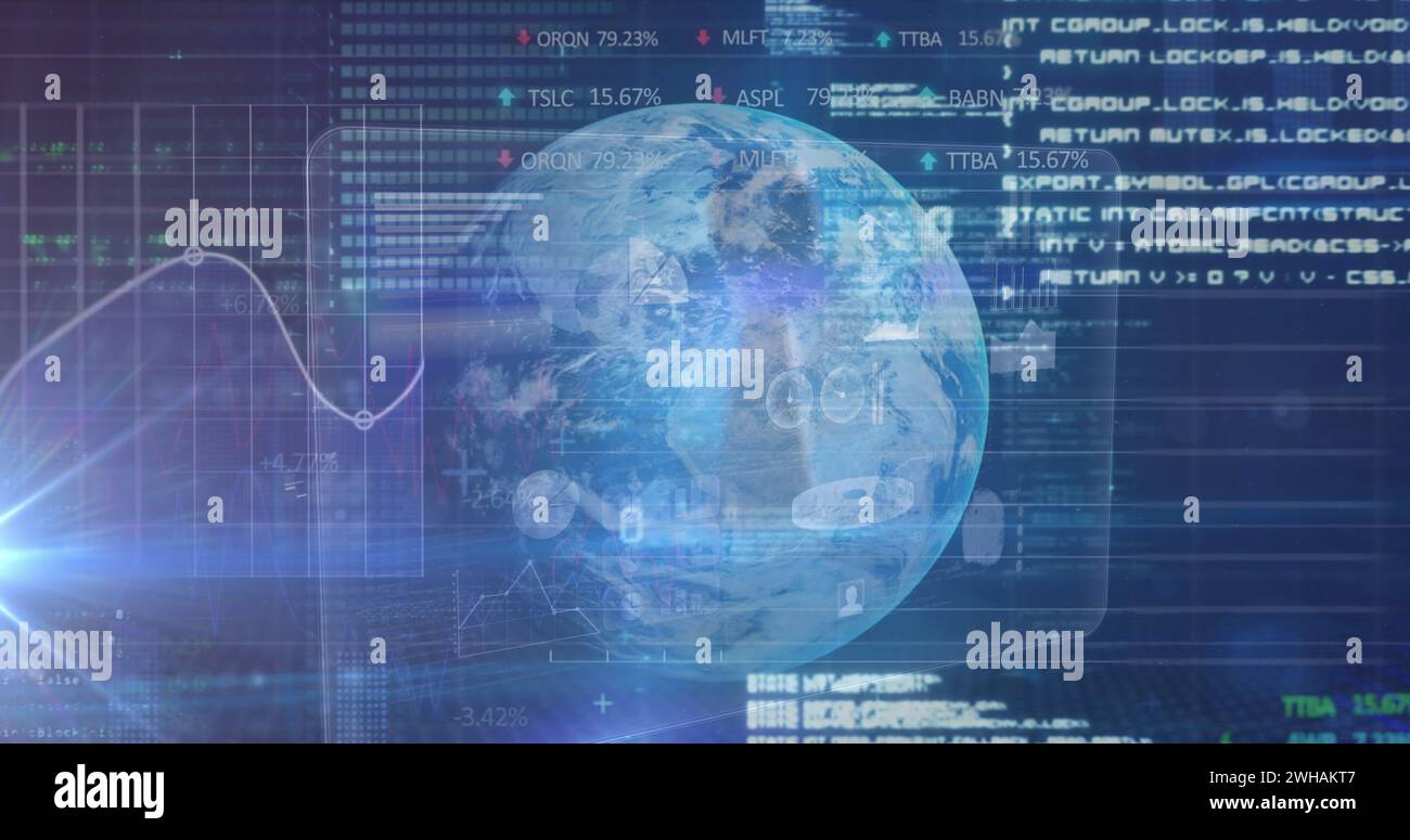 Image of data processing over globe spinning on blue background Stock Photo