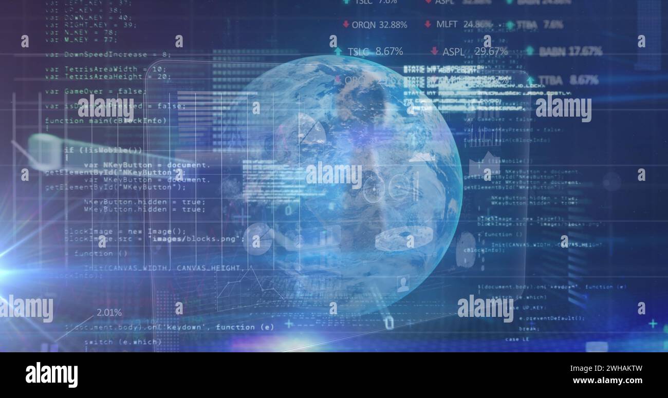 Image of data processing over globe spinning on blue background Stock Photo