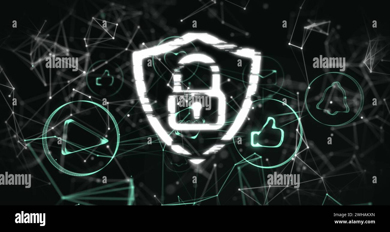 Image of online security padlock with digital icons and networks of ...