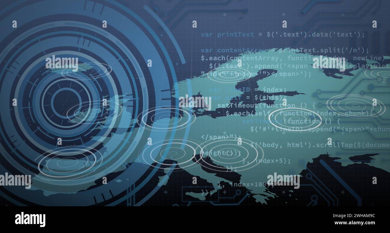 Image of scope scanning with data processing over world map in ...
