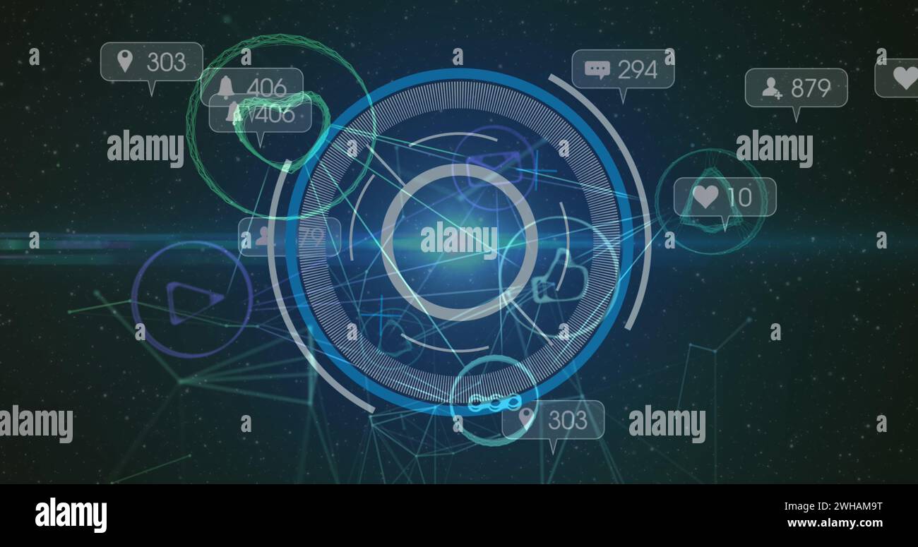 Image of icons and scope scanning over network of connections Stock ...