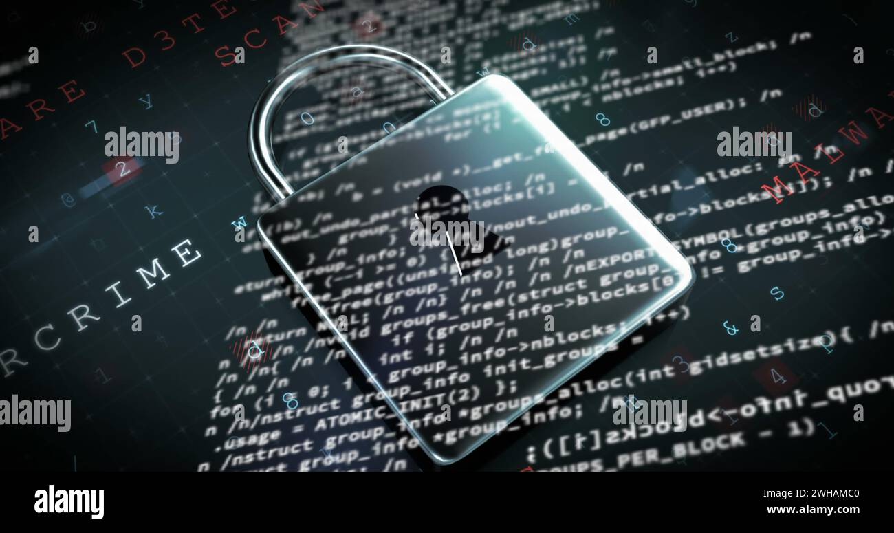 Image of padlock and data processing on black background Stock Photo
