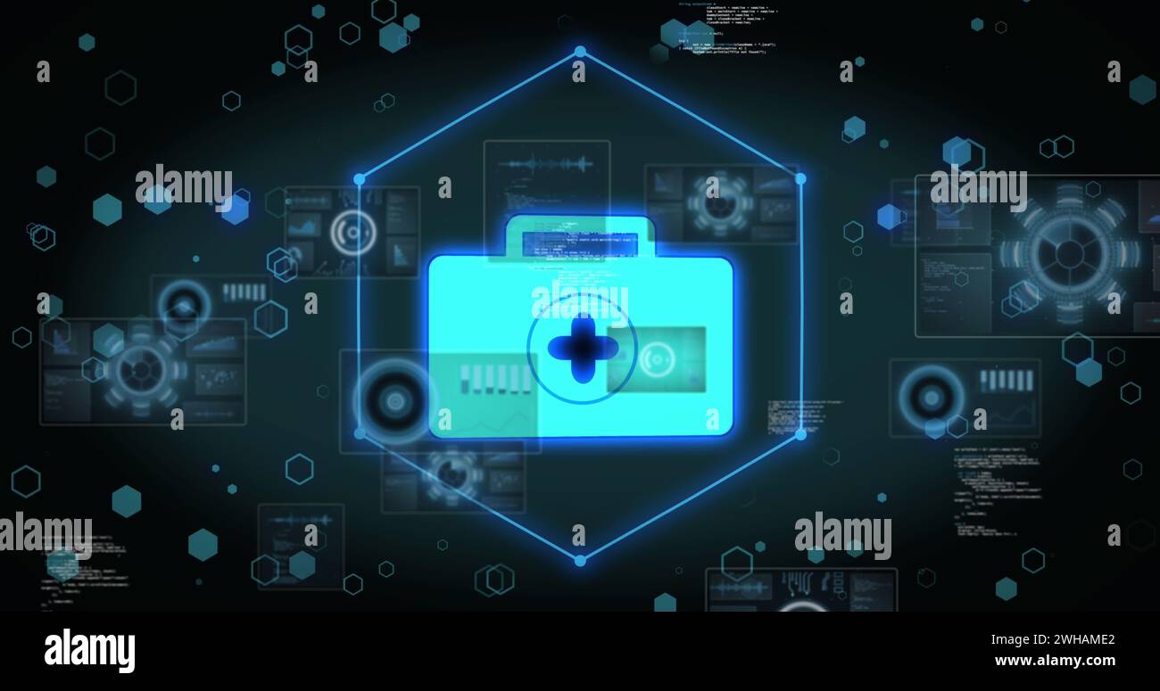 Image of data processing and medical kit on black background Stock Photo