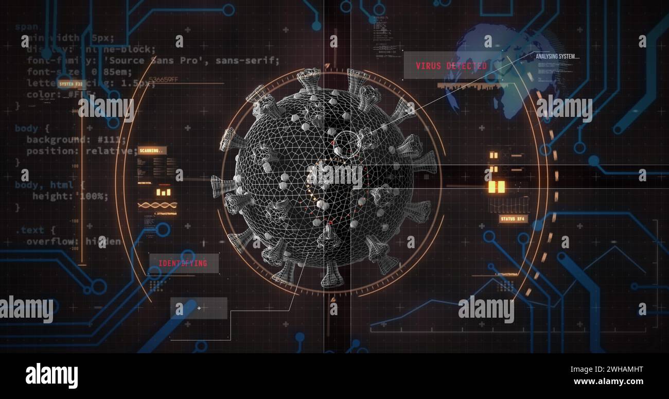 Image of covid 19 cell with scope scanning and data processing Stock Photo