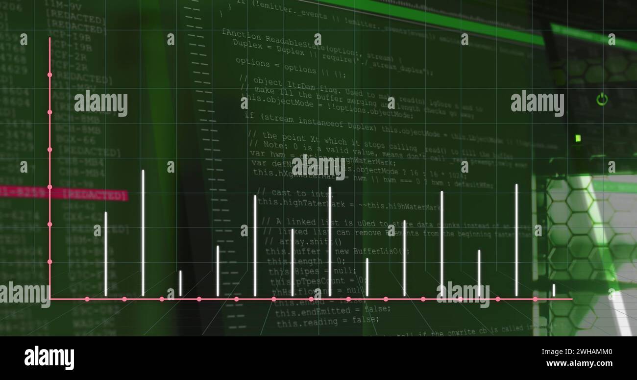Image of graphs and data processing over servers Stock Photo