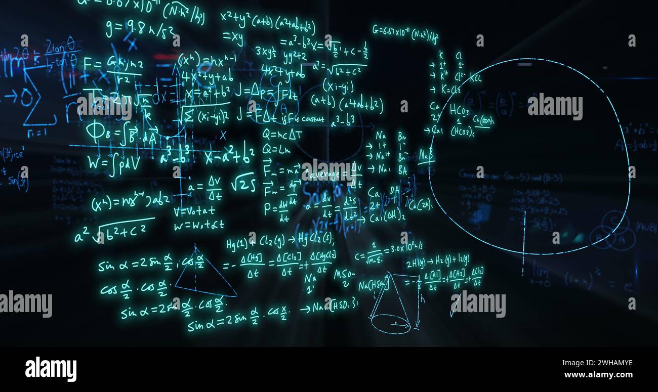 Image of mathematical formulae and scientific data processing over black background Stock Photo