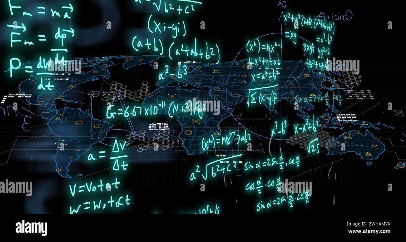 Image of mathematical formulae and scientific data processing over black background Stock Photo