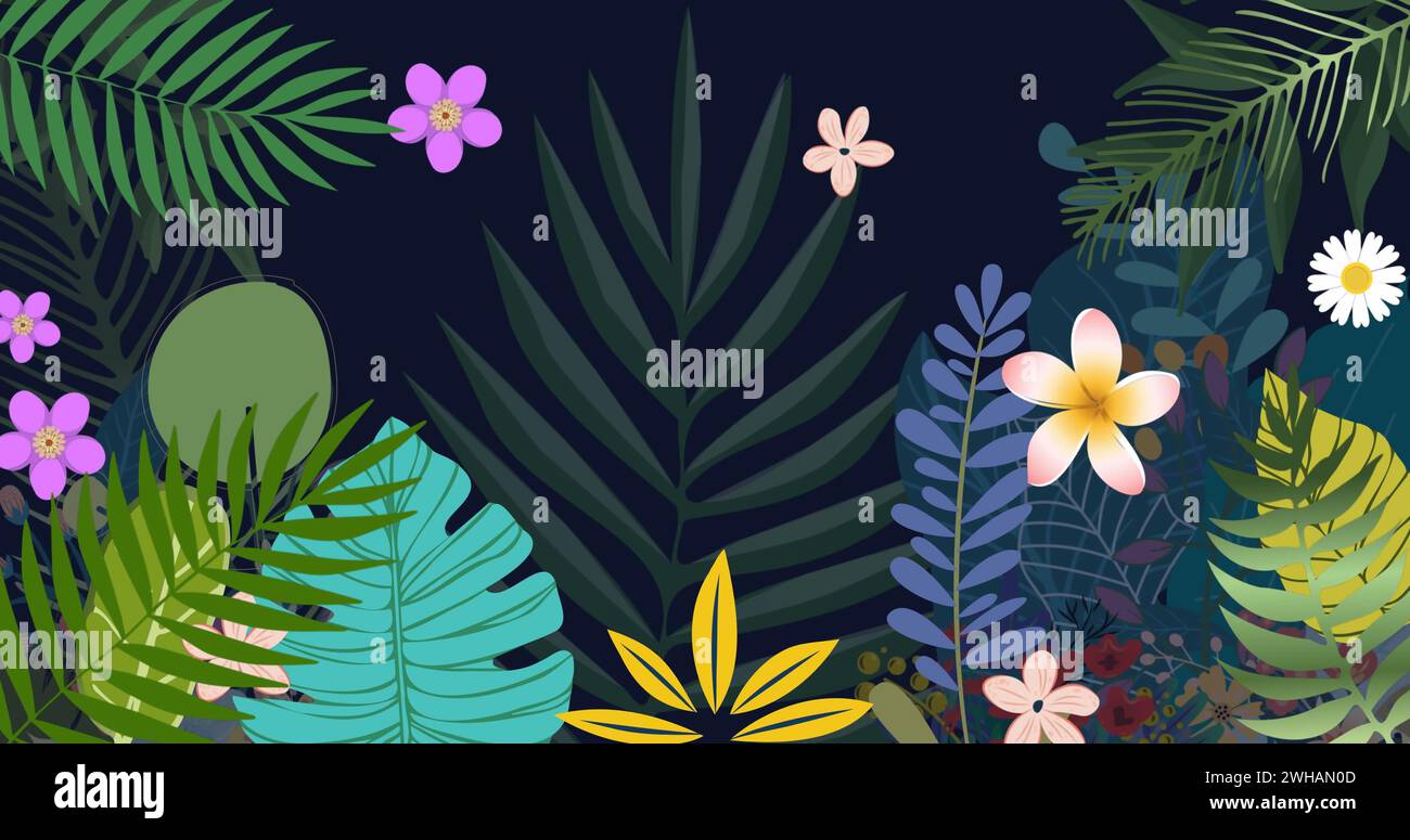 Image of jungle flowers and leaves on black background Stock Photo - Alamy