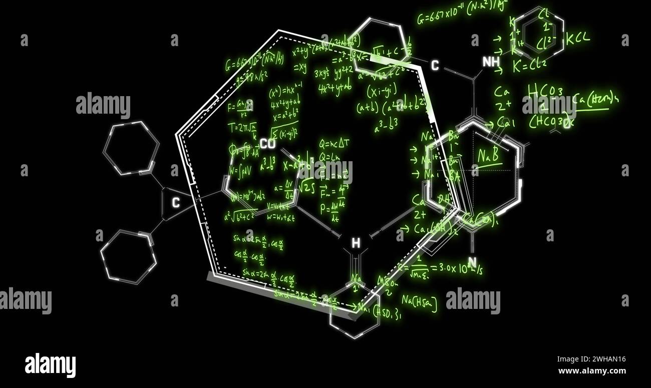 Image of mathematical formulae and scientific data processing over black background Stock Photo