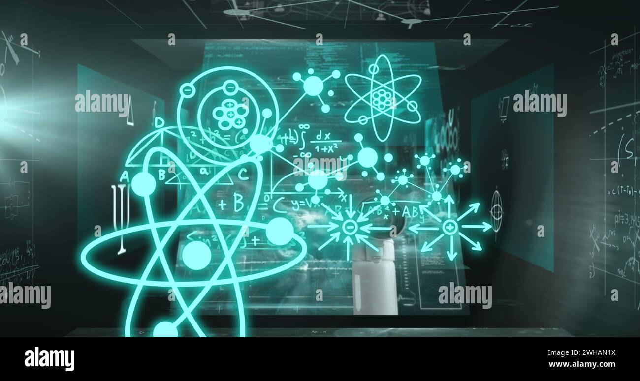Image of molecules and scientific data processing over black background Stock Photo