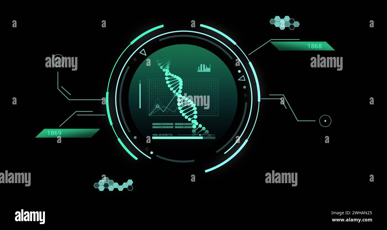 Image of dna strand and scientific data processing over black background Stock Photo