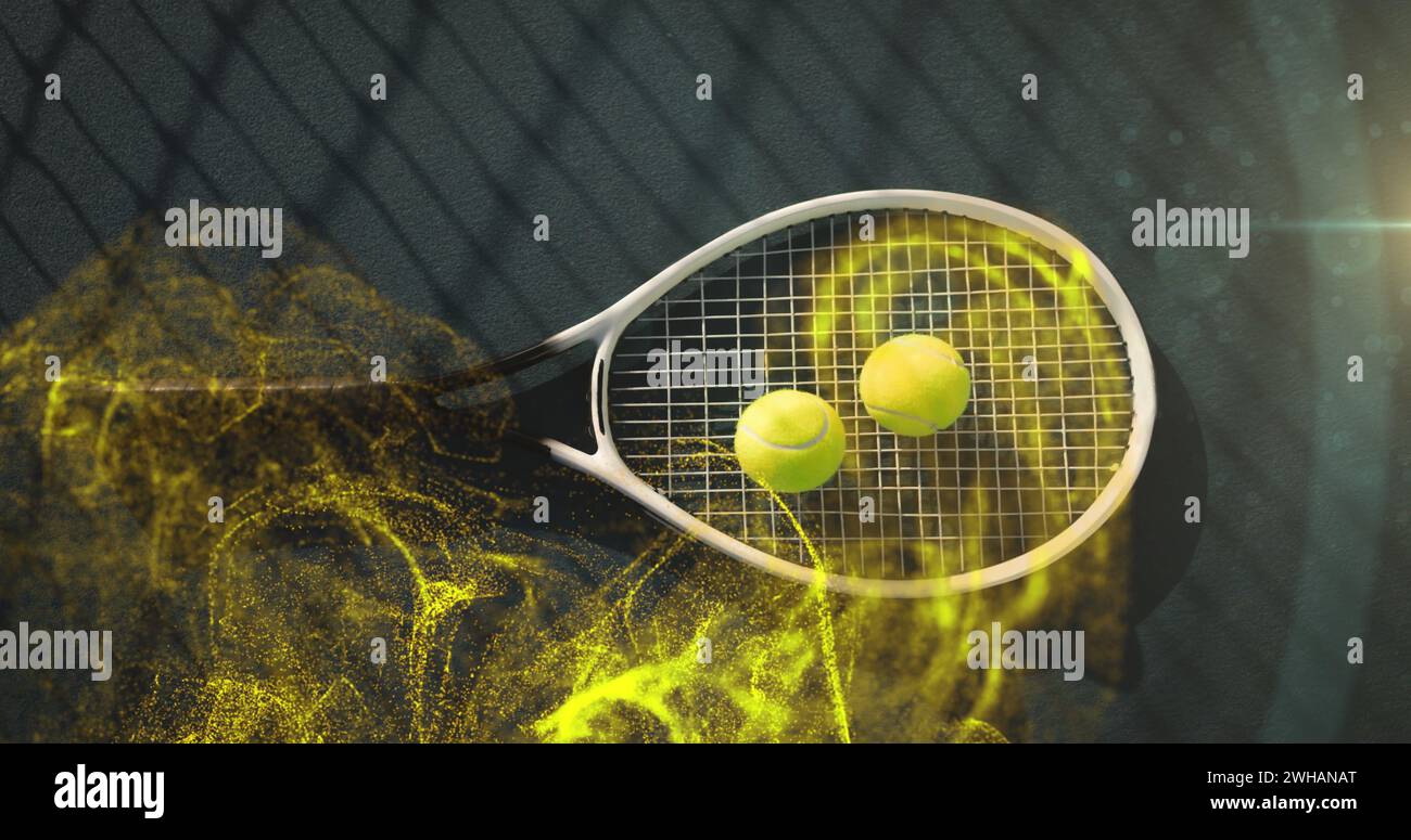 Image of glowing yellow particles over tennis balls on racket Stock Photo