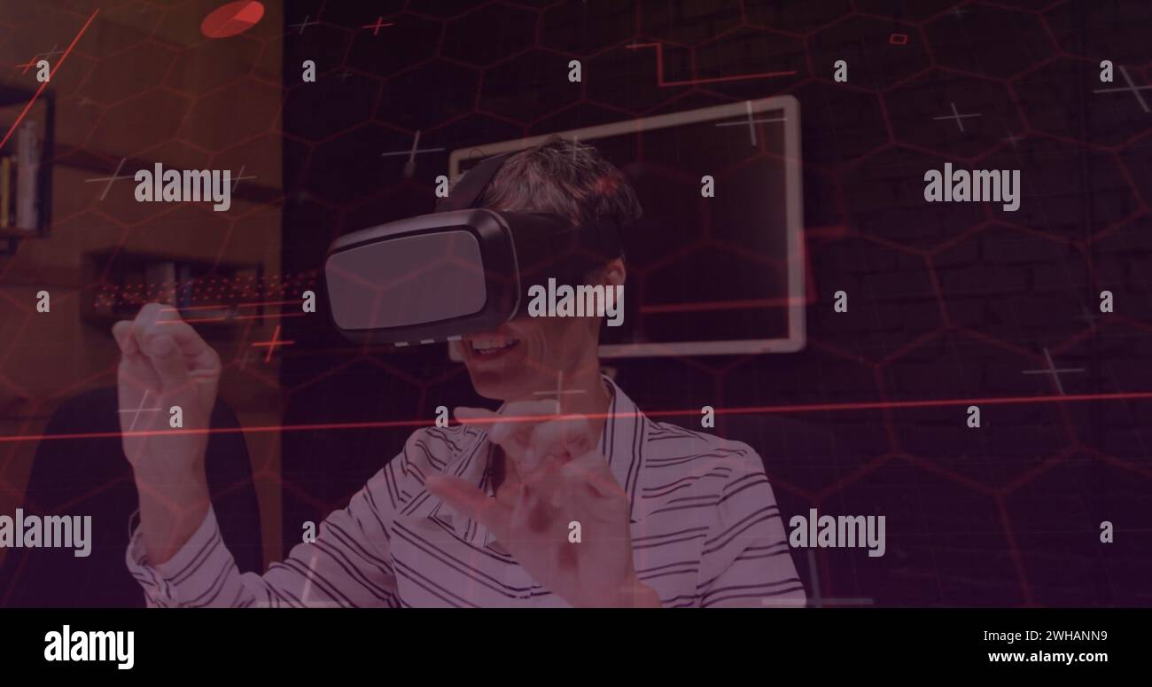 Image of purple light trails with hexagons over woman wearing vr ...