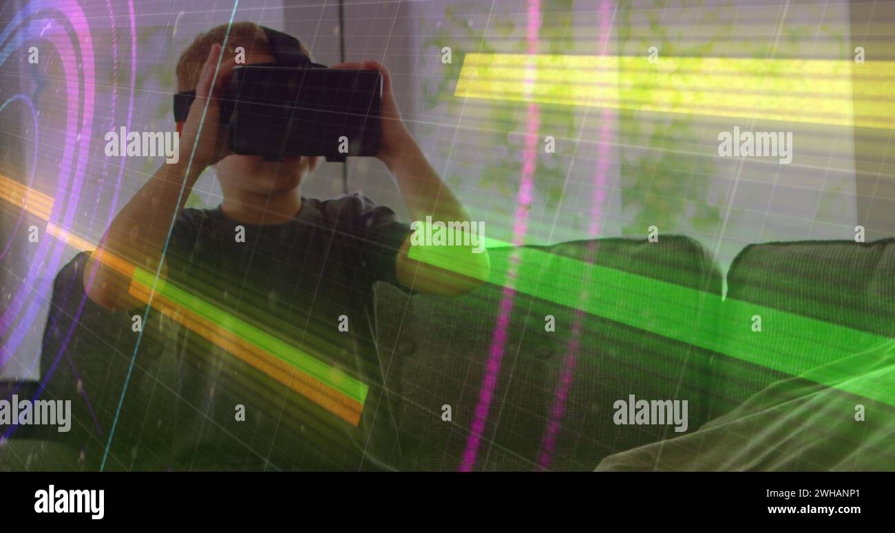 Vr Light Path Light trails over scope scanning against caucasian boy wearing vr ...