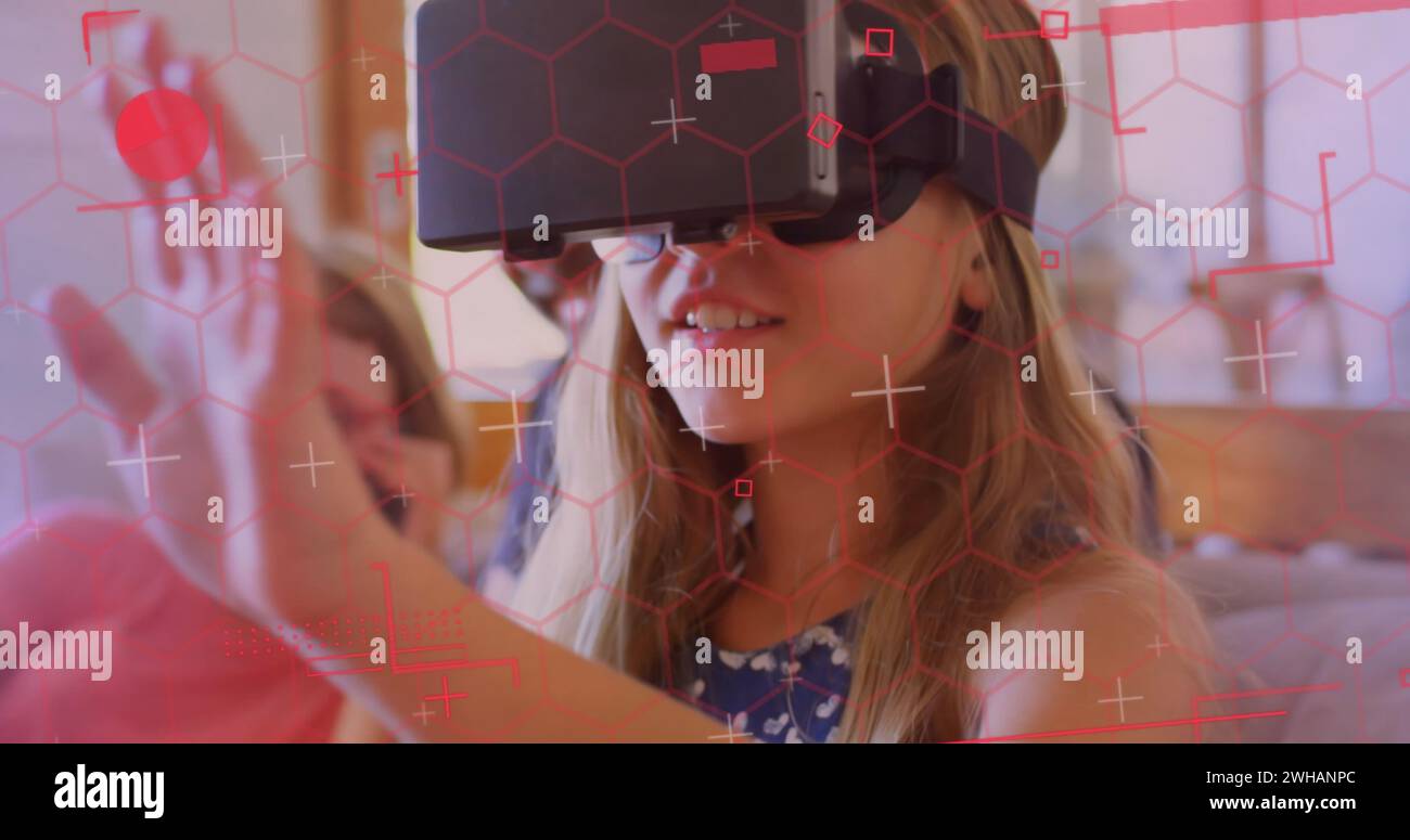 Digital interface with data processing against caucasian girl wearing ...