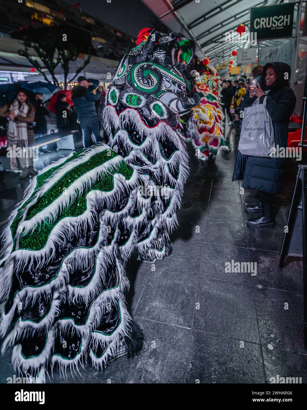 Dragons dance at the Brunswick Centre in London as the lunar new year 2024 begins. Stock Photo