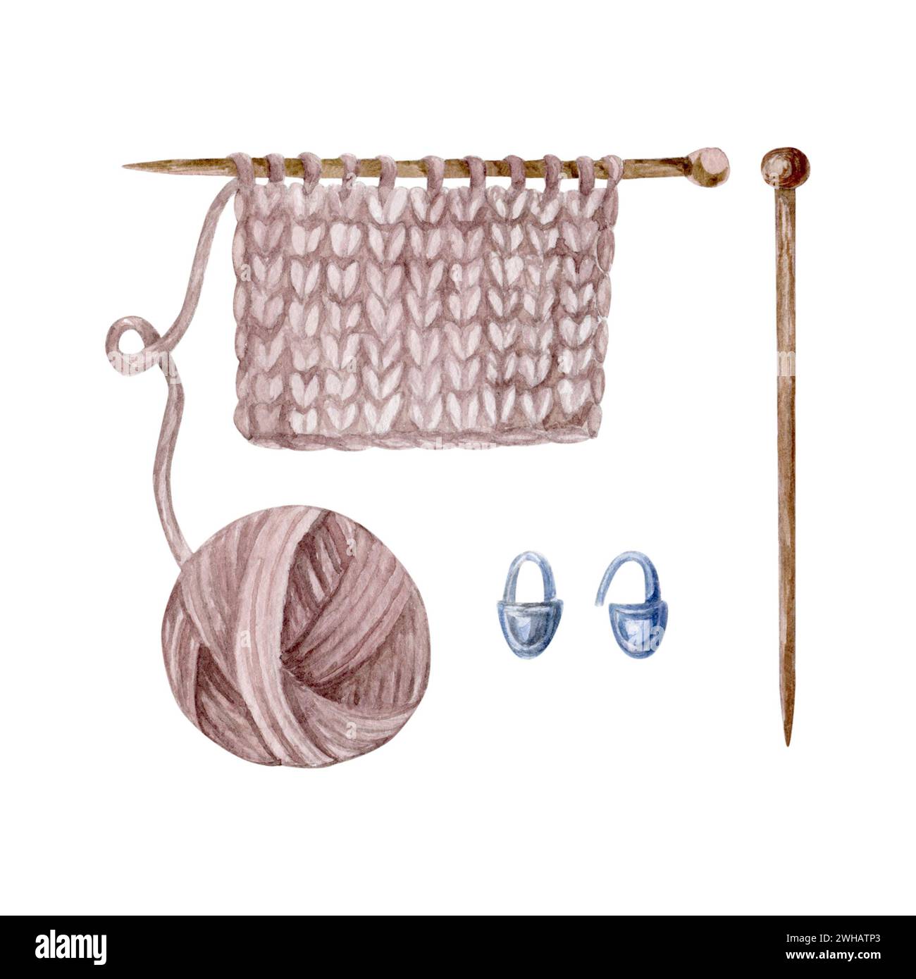knitting yarn and knitting needles, stitches markers, watercolor