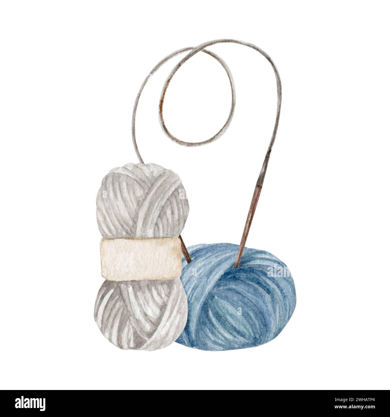 Knitting yarns with circular wooden needles, watercolor illustration, hand draw Stock Photo