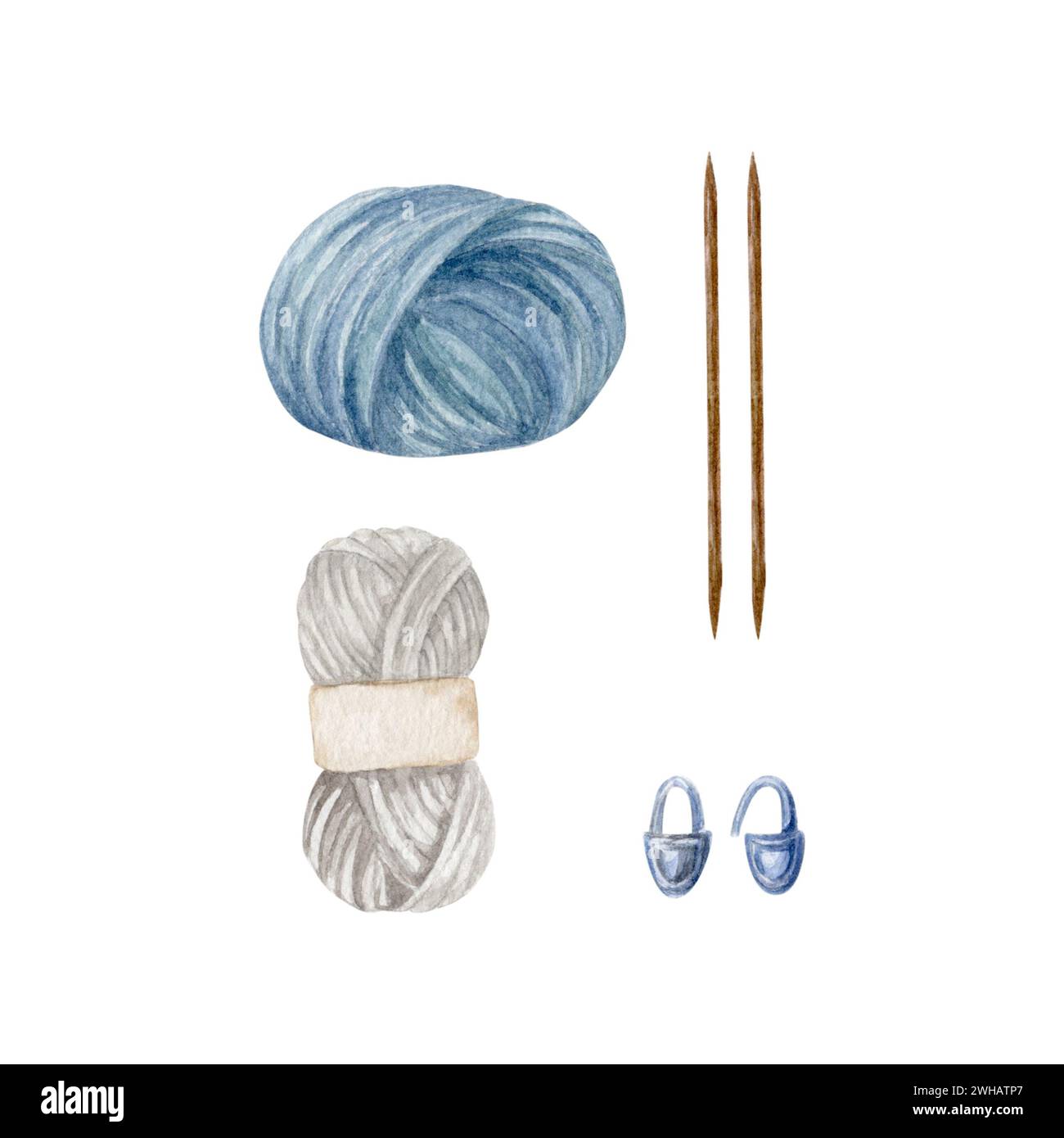 knitting yarn and knitting needles, stitch markers, watercolor