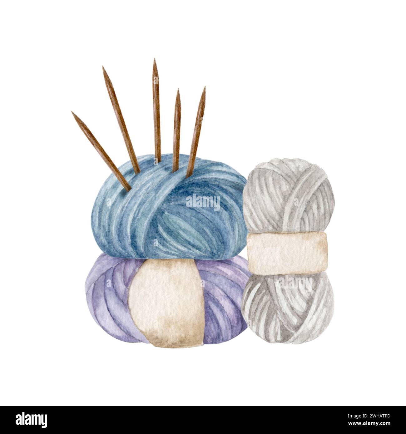 knitting yarn and knitting needles, blue, purple, beige, hand draw, watercolor illustration