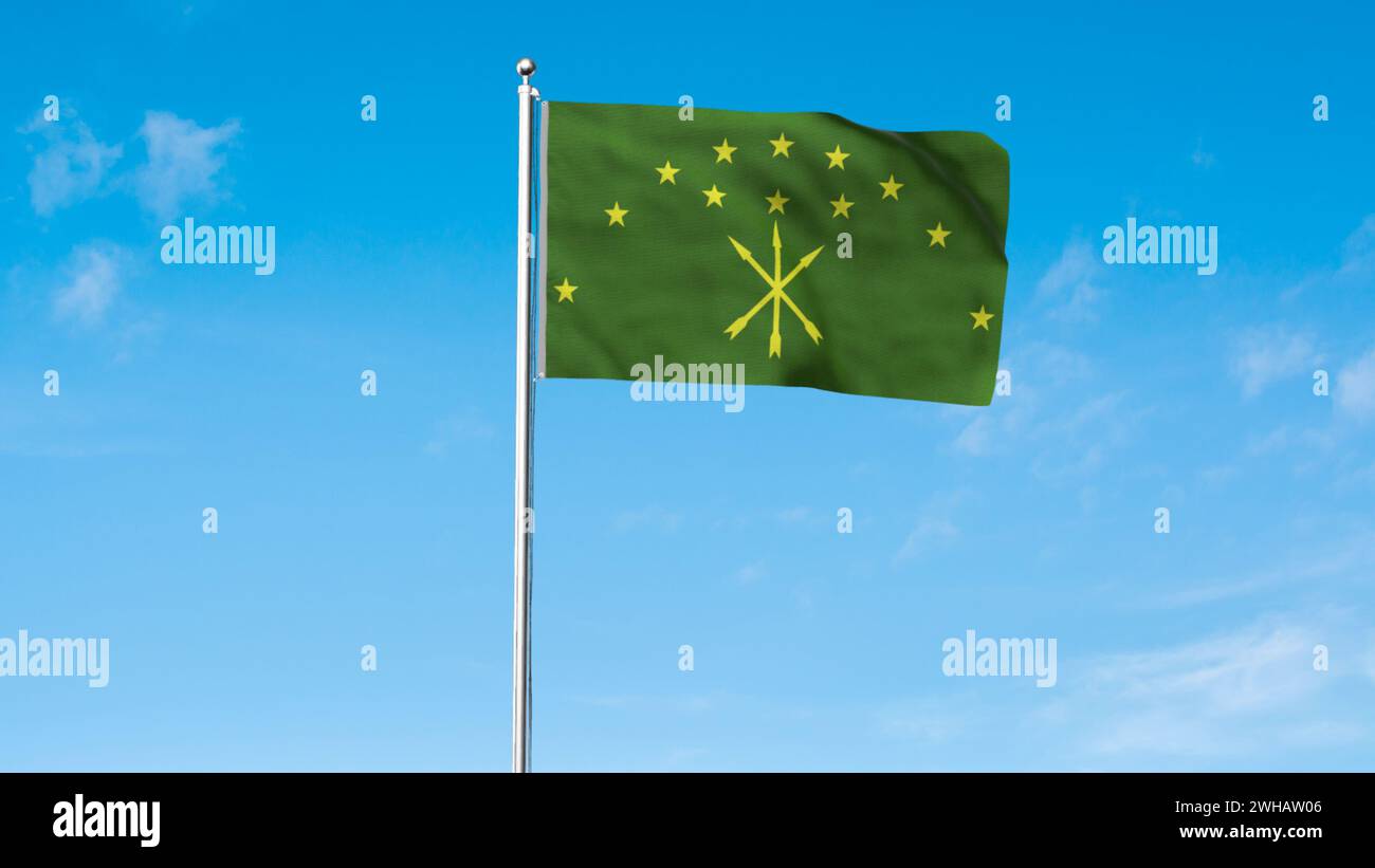 High detailed flag of Adygea. National Adygea flag. Europe. 3D illustration. Stock Photo